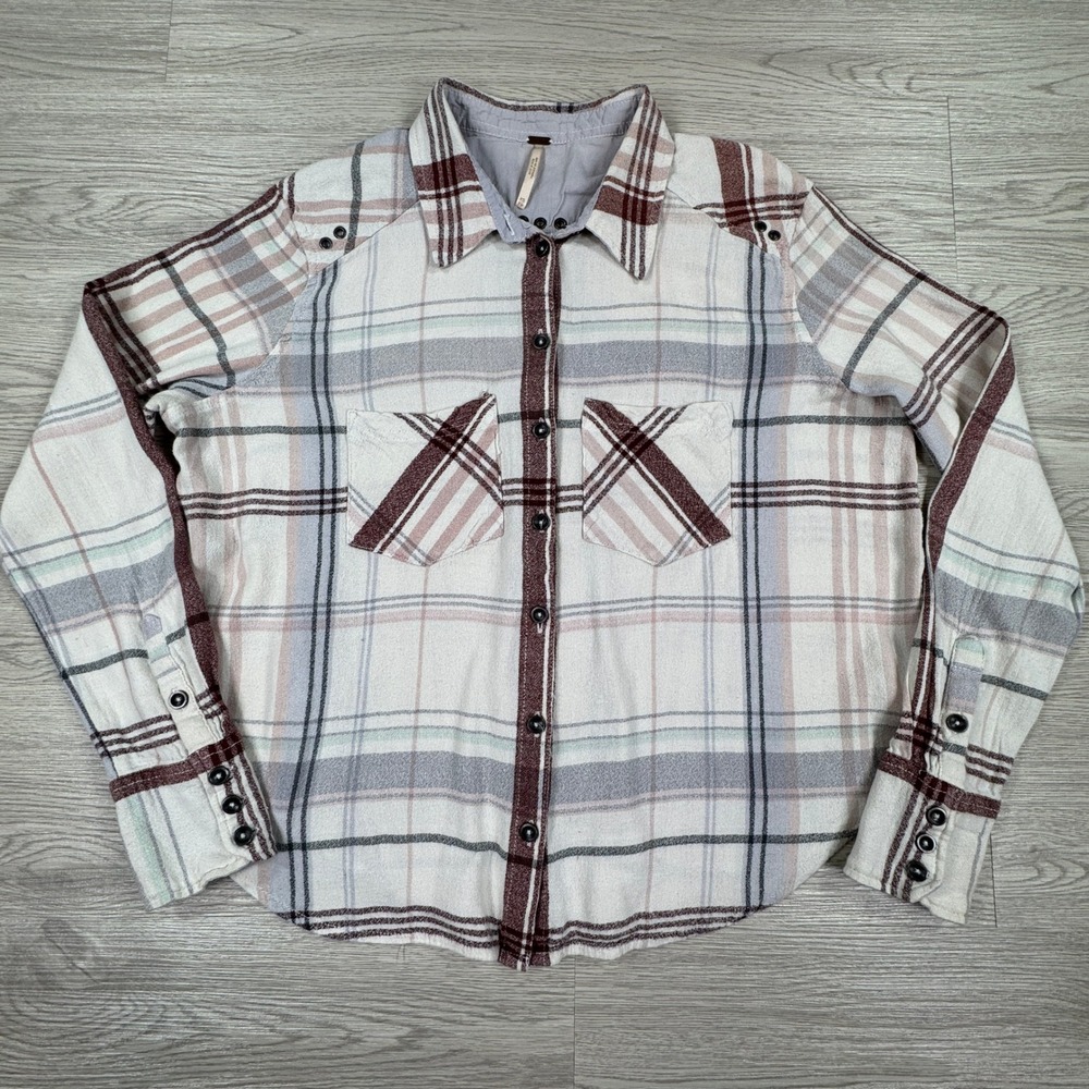 Free People Women's Shirt Plaid Button Down Cream Burgundy XS Cotton Linen Blend